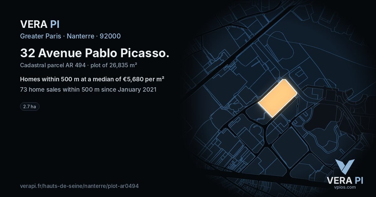 32 Avenue Pablo Picasso, Nanterre at night – the plot lit, the parcels around coloured by the prices near them