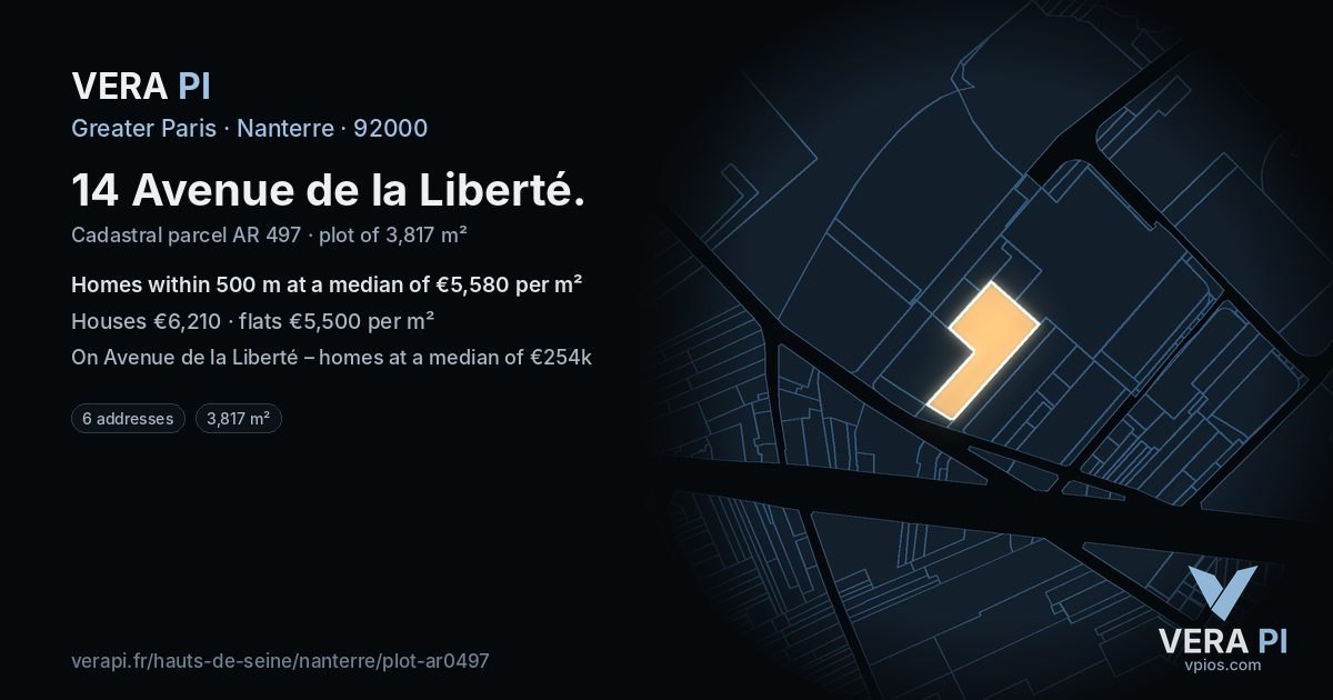 14 Avenue de la Liberté, Nanterre at night – the plot lit, the parcels around coloured by the prices near them