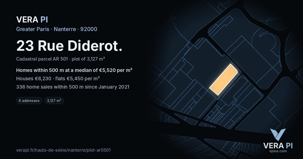 23 Rue Diderot, Nanterre at night – the plot lit, the parcels around coloured by the prices near them