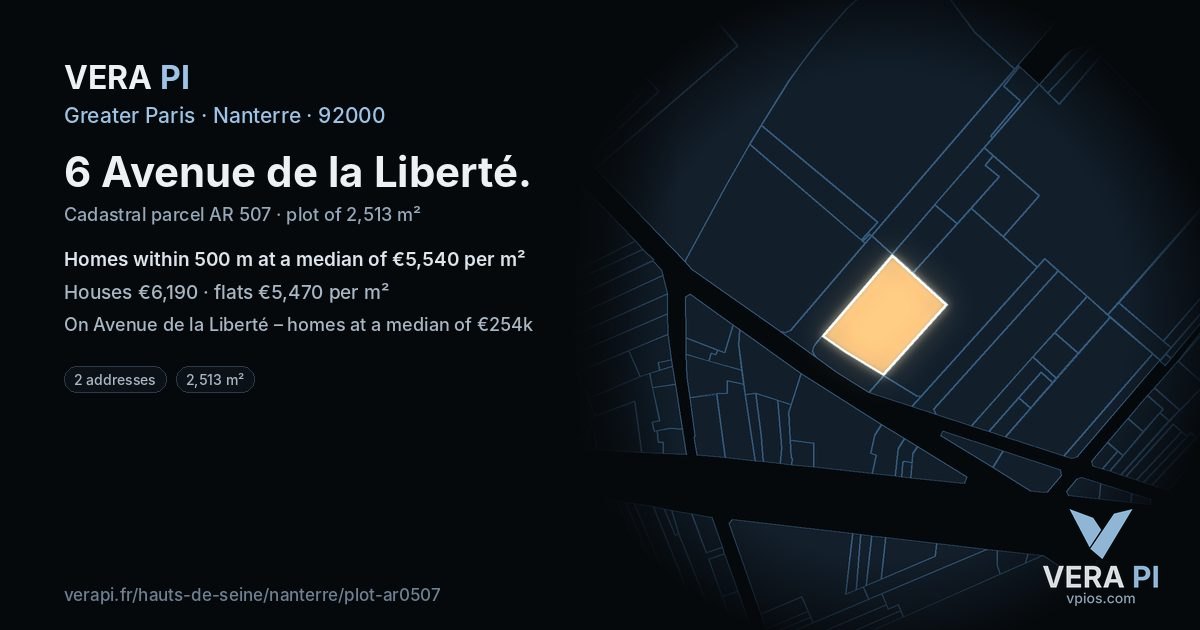 6 Avenue de la Liberté, Nanterre at night – the plot lit, the parcels around coloured by the prices near them
