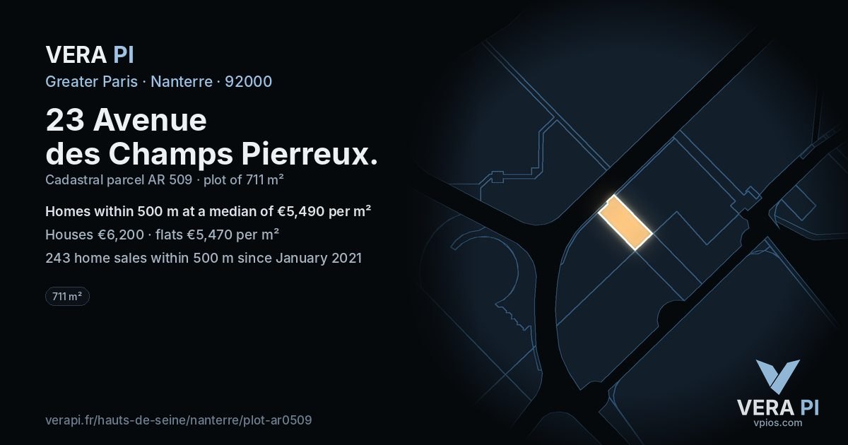 23 Avenue des Champs Pierreux, Nanterre at night – the plot lit, the parcels around coloured by the prices near them