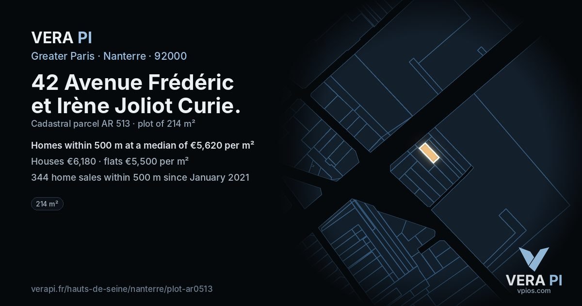 42 Avenue Frédéric et Irène Joliot Curie, Nanterre at night – the plot lit, the parcels around coloured by the prices near them