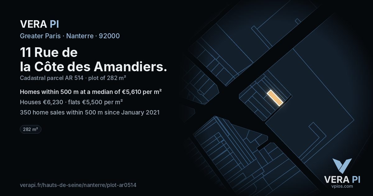 11 Rue de la Côte des Amandiers, Nanterre at night – the plot lit, the parcels around coloured by the prices near them