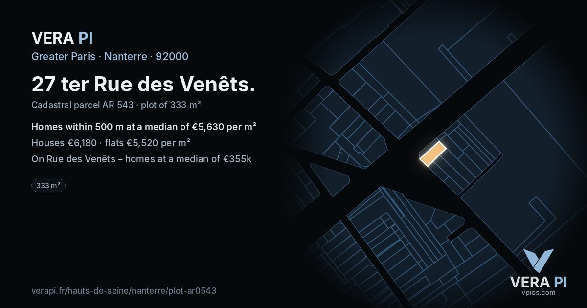 27 ter Rue des Venêts, Nanterre at night – the plot lit, the parcels around coloured by the prices near them