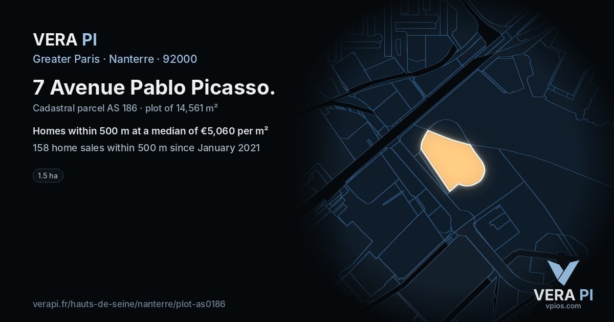 7 Avenue Pablo Picasso, Nanterre at night – the plot lit, the parcels around coloured by the prices near them