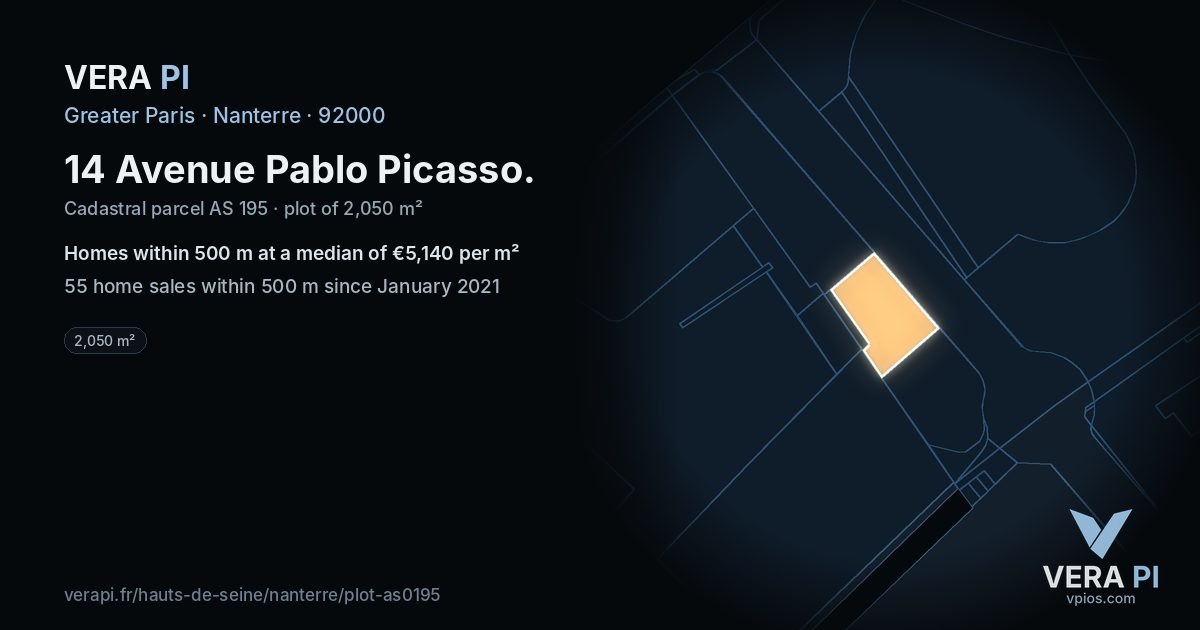 14 Avenue Pablo Picasso, Nanterre at night – the plot lit, the parcels around coloured by the prices near them