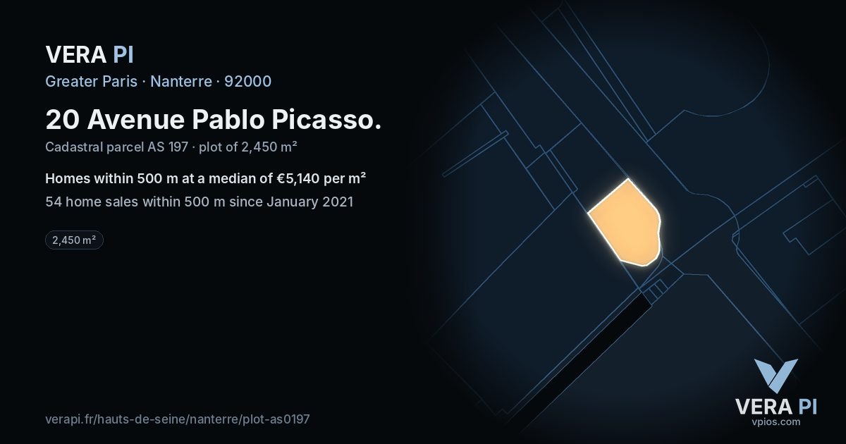 20 Avenue Pablo Picasso, Nanterre at night – the plot lit, the parcels around coloured by the prices near them