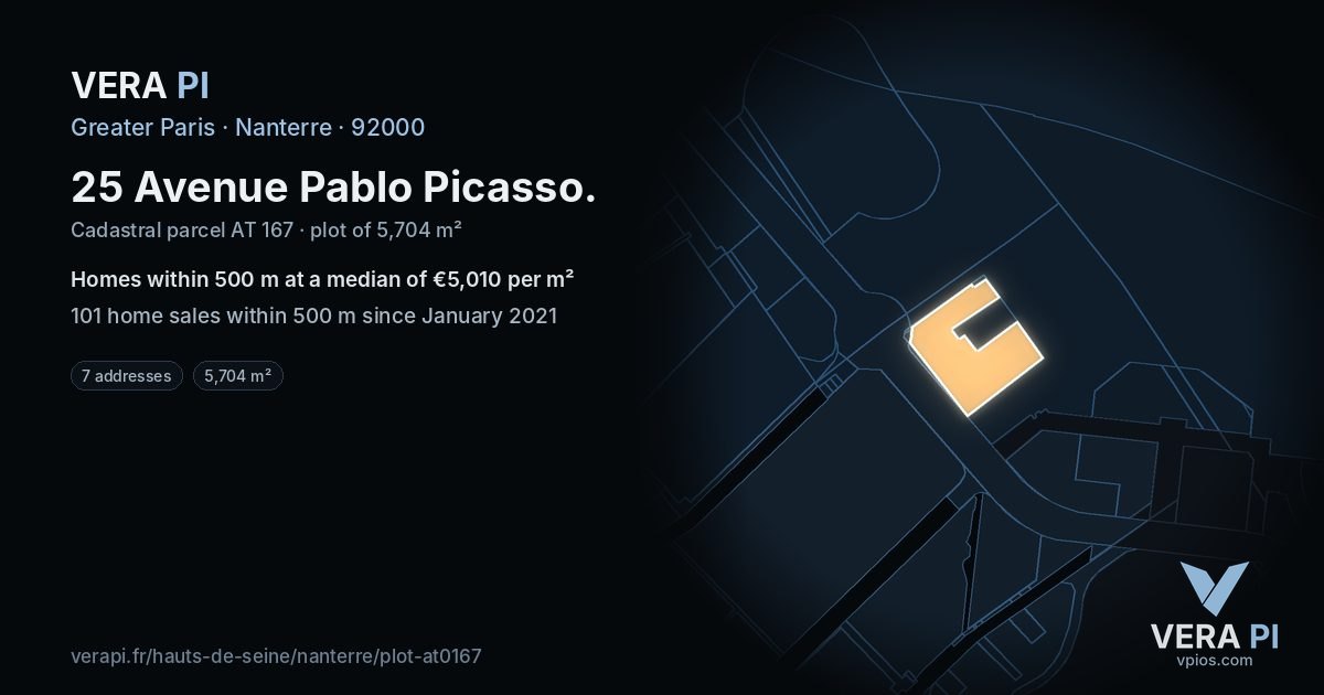 25 Avenue Pablo Picasso, Nanterre at night – the plot lit, the parcels around coloured by the prices near them