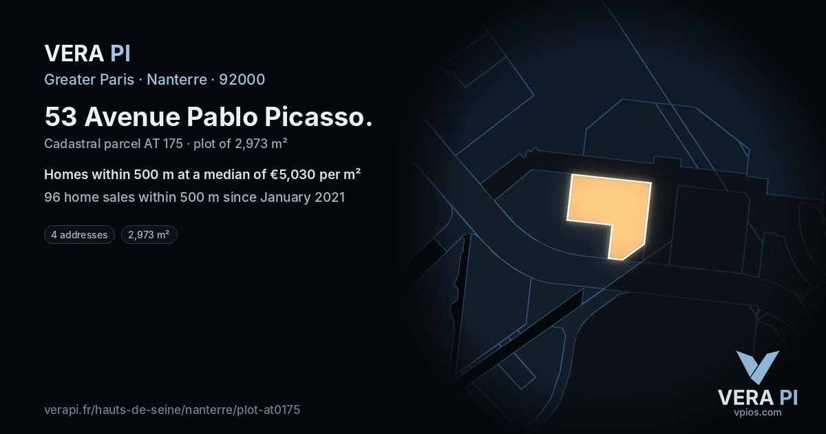 53 Avenue Pablo Picasso, Nanterre at night – the plot lit, the parcels around coloured by the prices near them