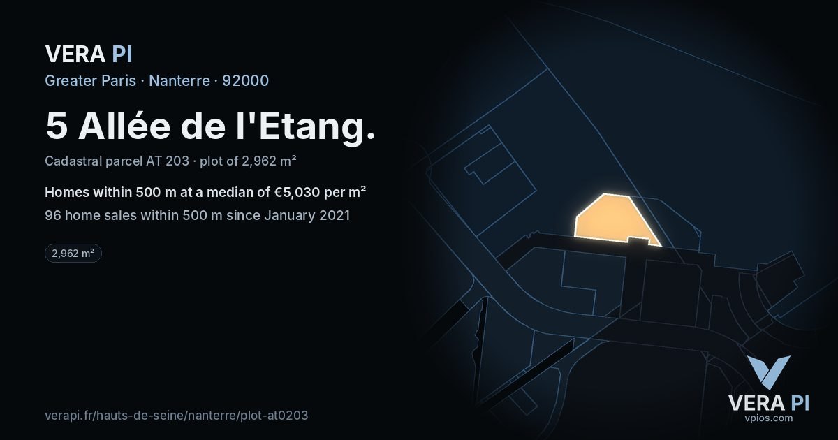 5 Allée de l'Etang, Nanterre at night – the plot lit, the parcels around coloured by the prices near them