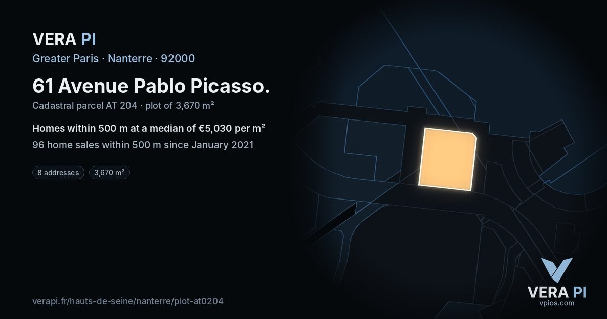 61 Avenue Pablo Picasso, Nanterre at night – the plot lit, the parcels around coloured by the prices near them
