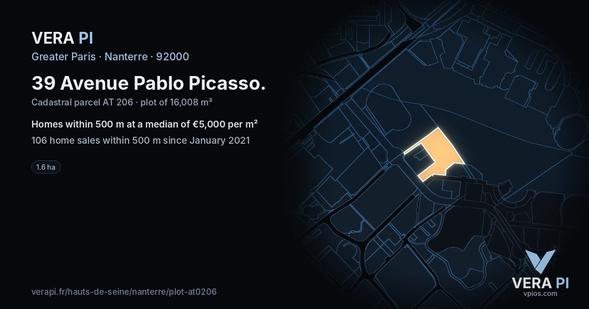 39 Avenue Pablo Picasso, Nanterre at night – the plot lit, the parcels around coloured by the prices near them