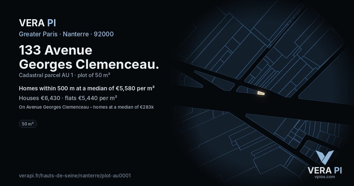 133 Avenue Georges Clemenceau, Nanterre at night – the plot lit, the parcels around coloured by the prices near them