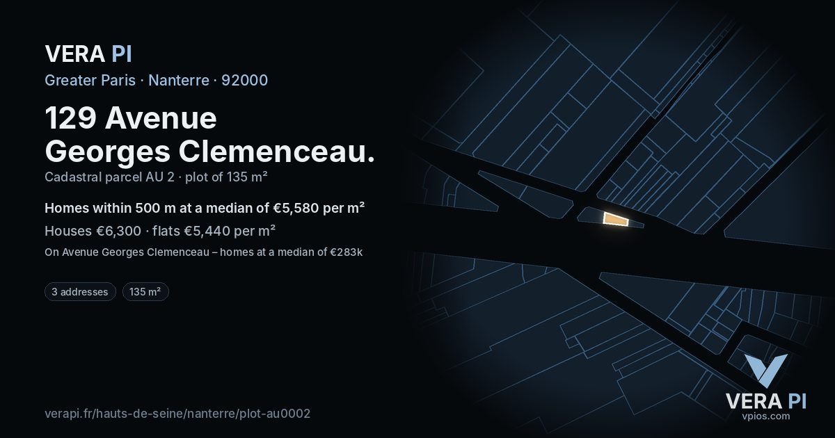 129 Avenue Georges Clemenceau, Nanterre at night – the plot lit, the parcels around coloured by the prices near them