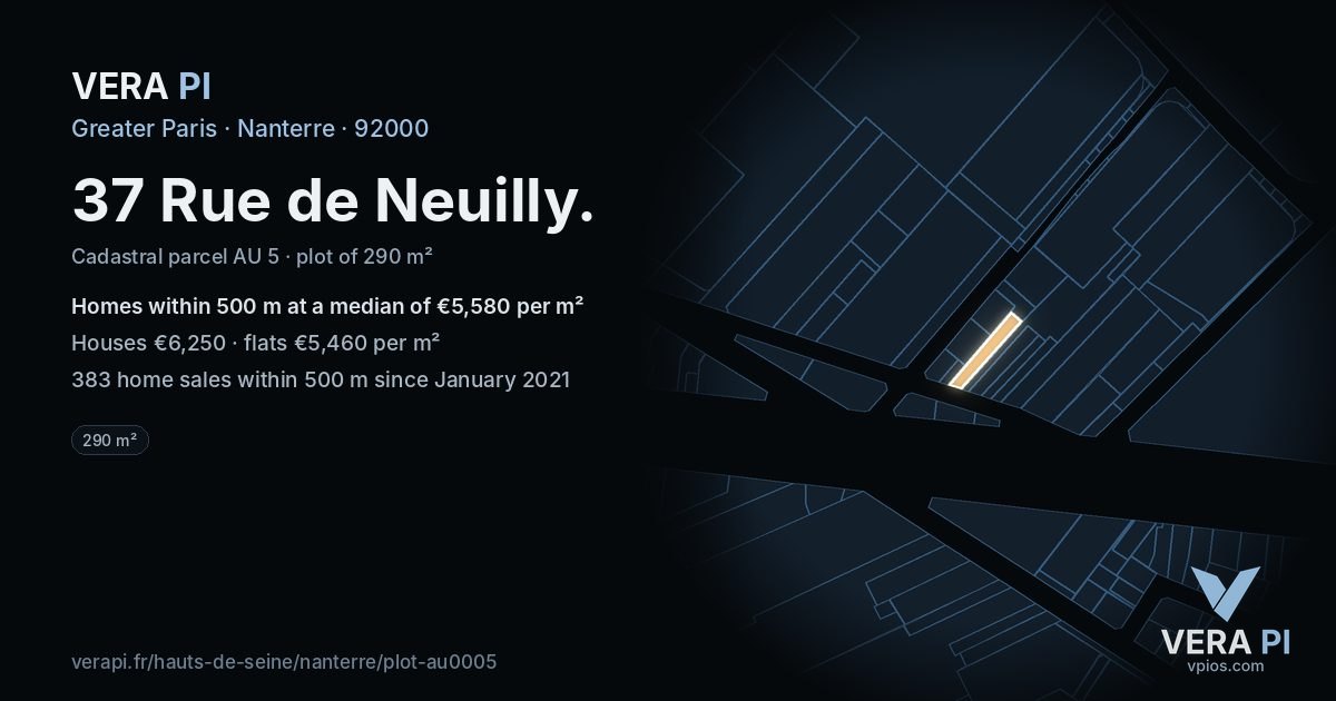 37 Rue de Neuilly, Nanterre at night – the plot lit, the parcels around coloured by the prices near them