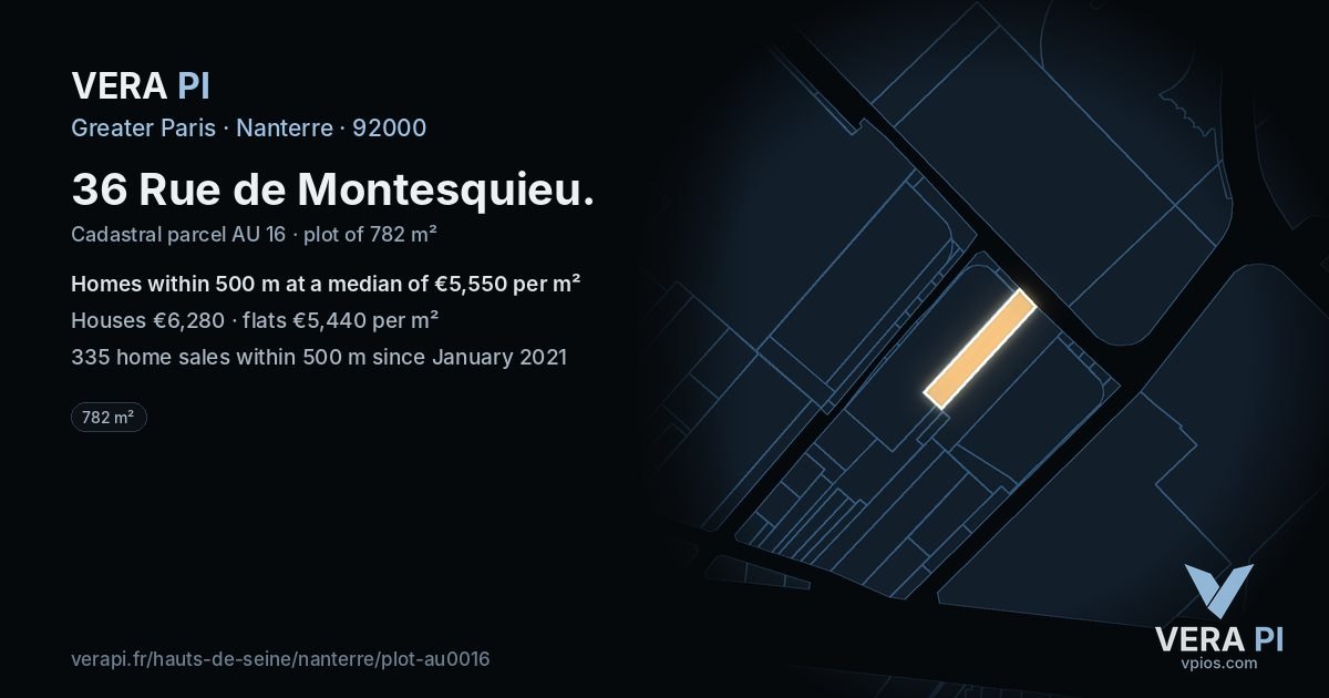 36 Rue de Montesquieu, Nanterre at night – the plot lit, the parcels around coloured by the prices near them
