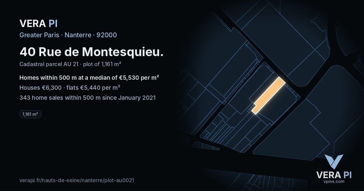 40 Rue de Montesquieu, Nanterre at night – the plot lit, the parcels around coloured by the prices near them