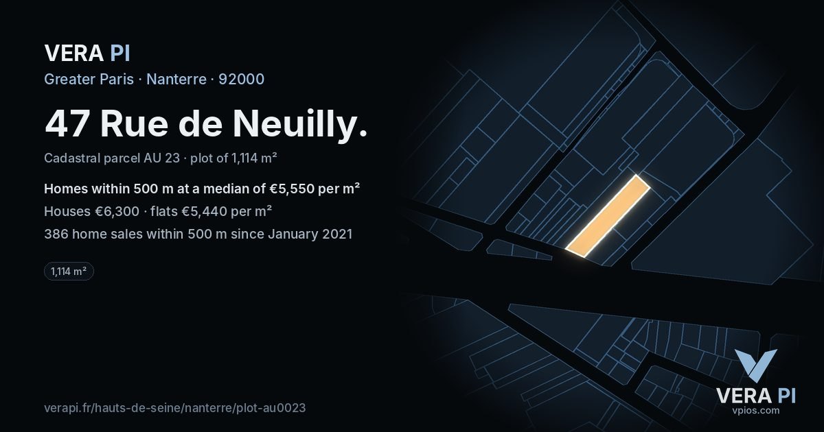 47 Rue de Neuilly, Nanterre at night – the plot lit, the parcels around coloured by the prices near them