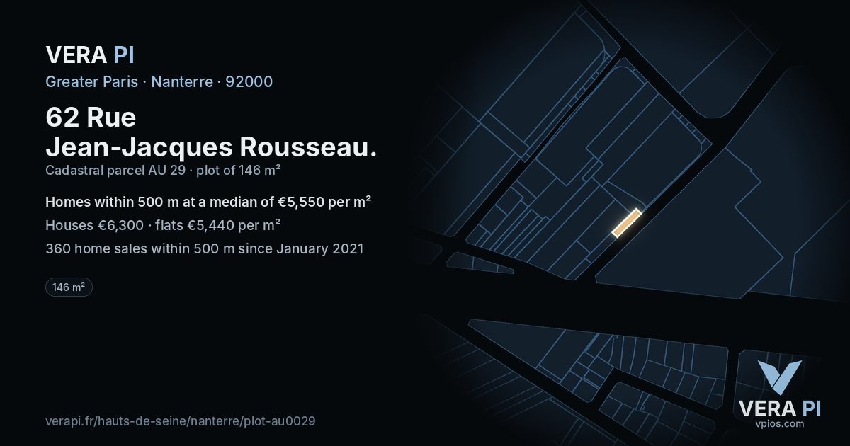 62 Rue Jean-Jacques Rousseau, Nanterre at night – the plot lit, the parcels around coloured by the prices near them
