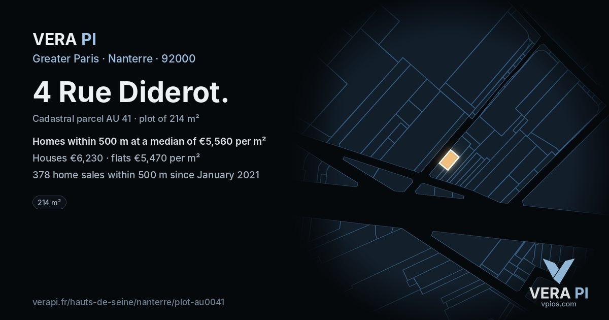 4 Rue Diderot, Nanterre at night – the plot lit, the parcels around coloured by the prices near them