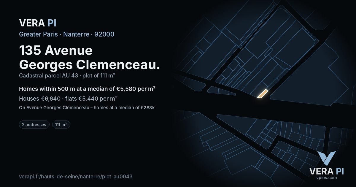 135 Avenue Georges Clemenceau, Nanterre at night – the plot lit, the parcels around coloured by the prices near them