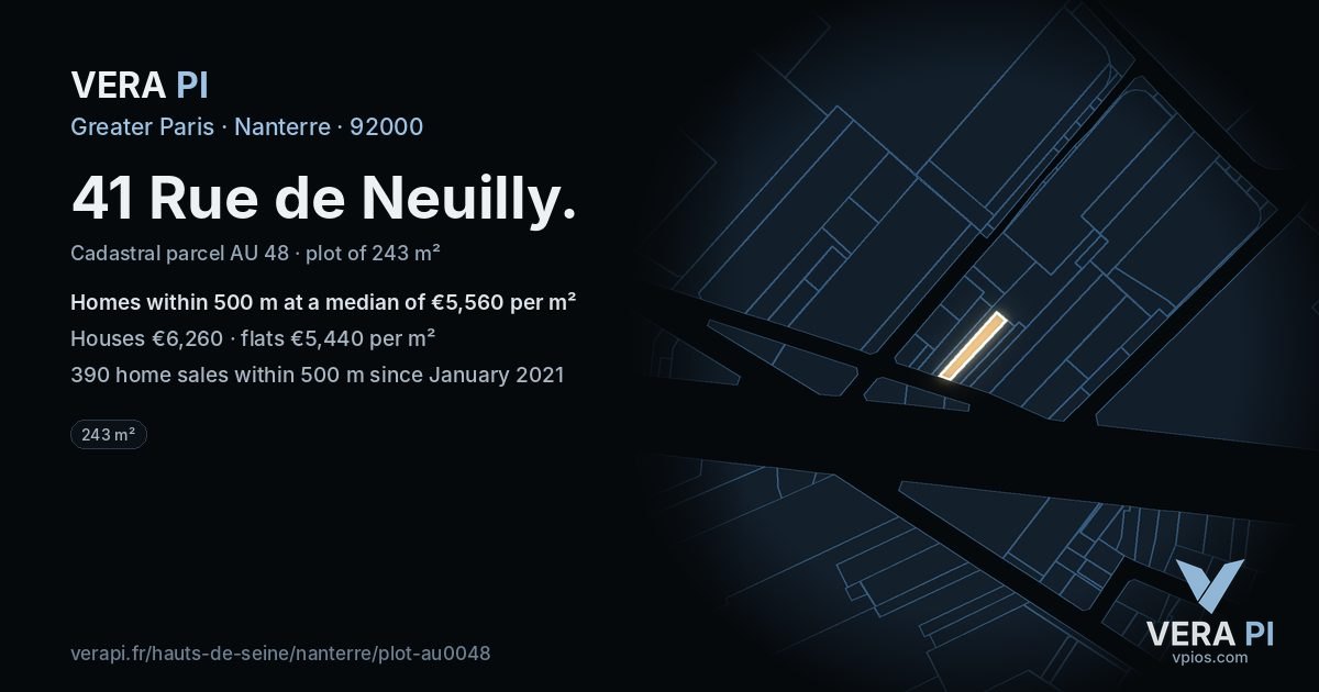 41 Rue de Neuilly, Nanterre at night – the plot lit, the parcels around coloured by the prices near them