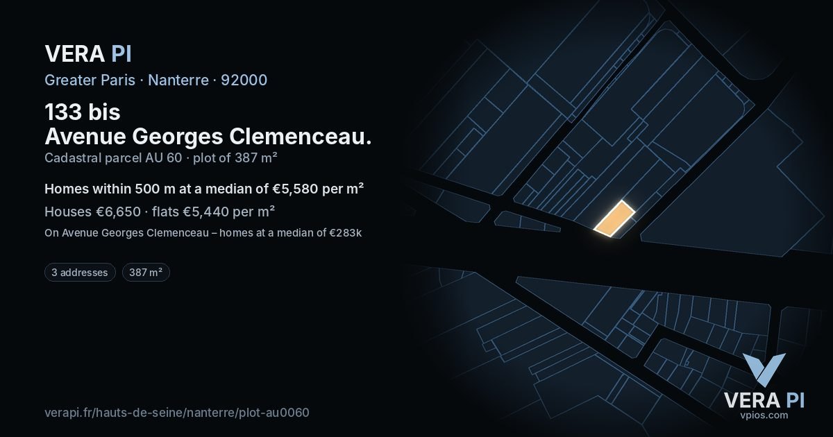 133 bis Avenue Georges Clemenceau, Nanterre at night – the plot lit, the parcels around coloured by the prices near them