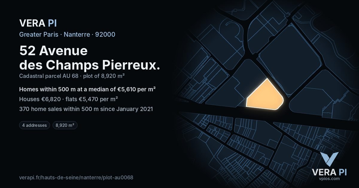 52 Avenue des Champs Pierreux, Nanterre at night – the plot lit, the parcels around coloured by the prices near them