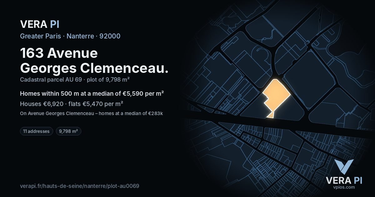 163 Avenue Georges Clemenceau, Nanterre at night – the plot lit, the parcels around coloured by the prices near them