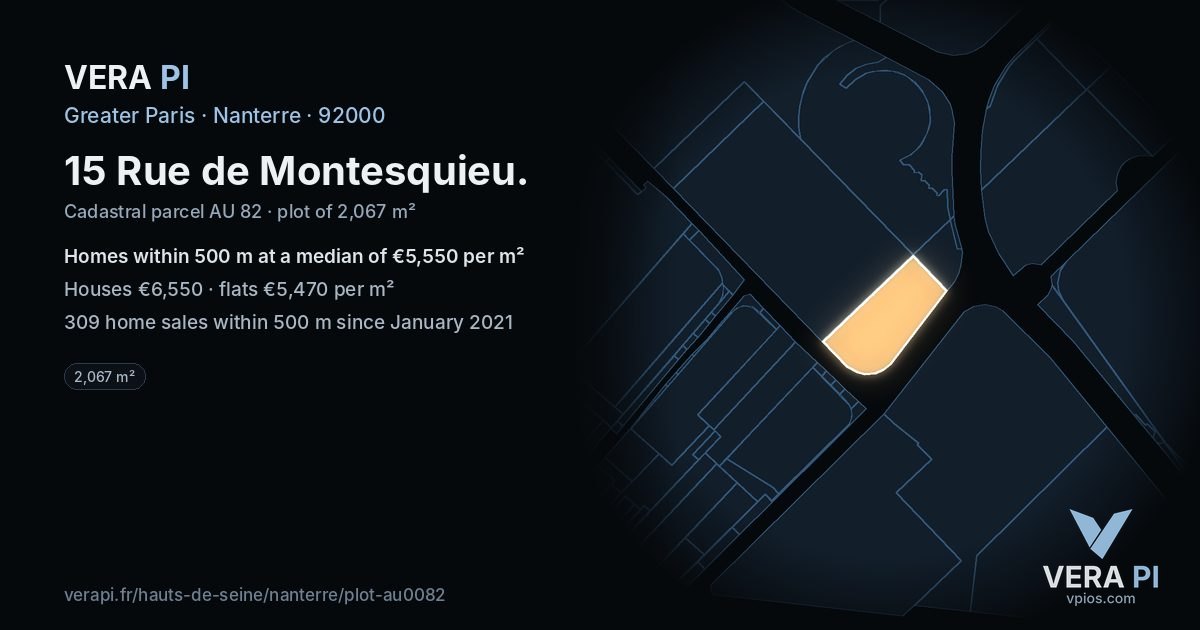 15 Rue de Montesquieu, Nanterre at night – the plot lit, the parcels around coloured by the prices near them