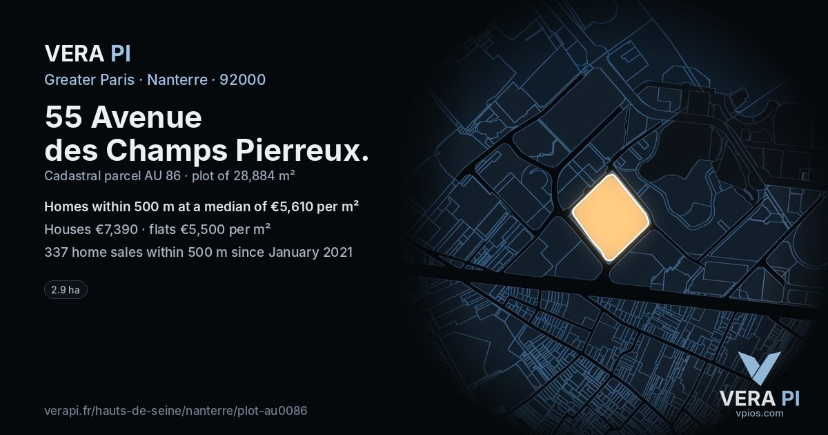 55 Avenue des Champs Pierreux, Nanterre at night – the plot lit, the parcels around coloured by the prices near them