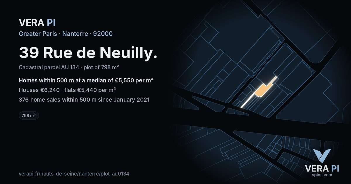 39 Rue de Neuilly, Nanterre at night – the plot lit, the parcels around coloured by the prices near them