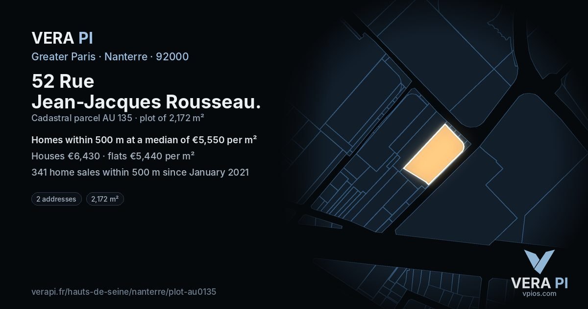 52 Rue Jean-Jacques Rousseau, Nanterre at night – the plot lit, the parcels around coloured by the prices near them