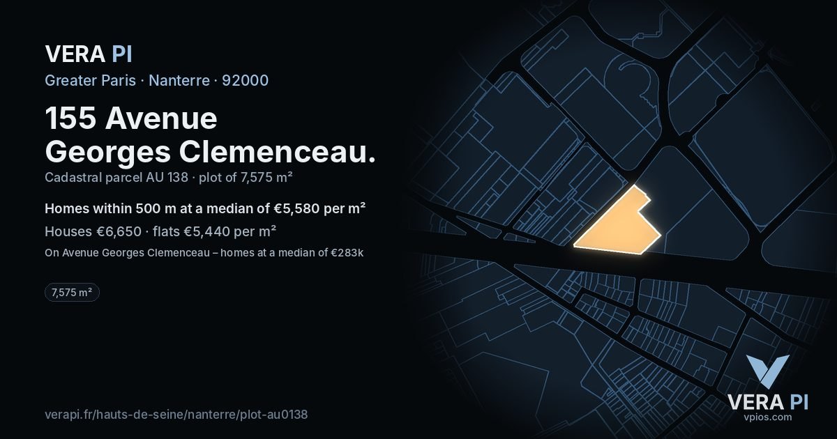 155 Avenue Georges Clemenceau, Nanterre at night – the plot lit, the parcels around coloured by the prices near them
