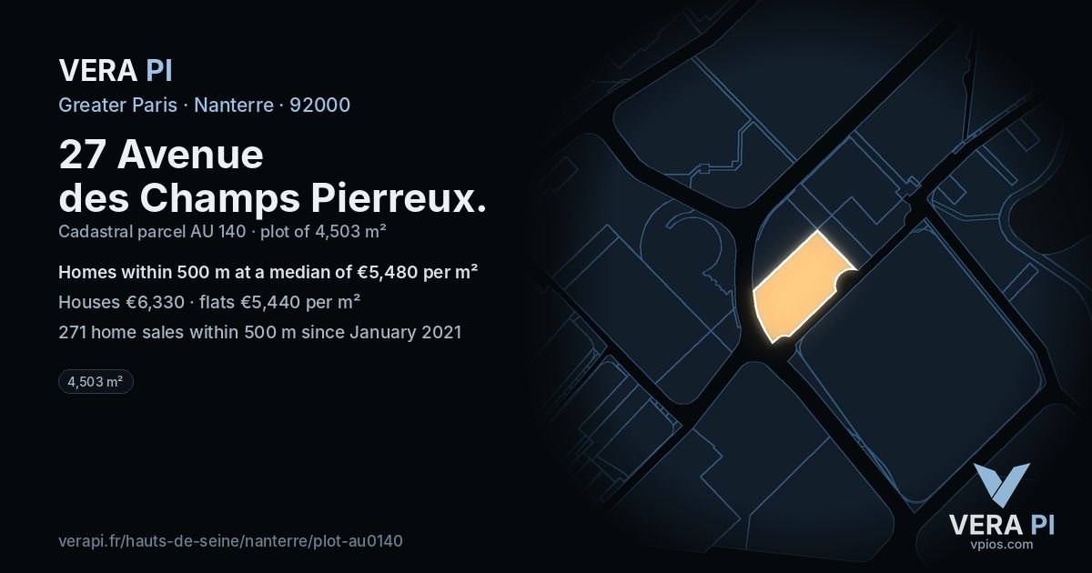 27 Avenue des Champs Pierreux, Nanterre at night – the plot lit, the parcels around coloured by the prices near them