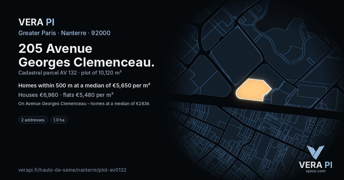 205 Avenue Georges Clemenceau, Nanterre at night – the plot lit, the parcels around coloured by the prices near them