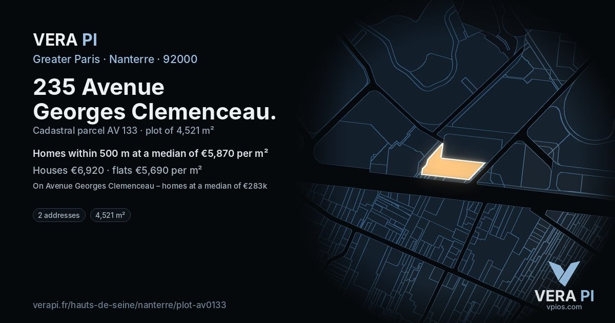 235 Avenue Georges Clemenceau, Nanterre at night – the plot lit, the parcels around coloured by the prices near them
