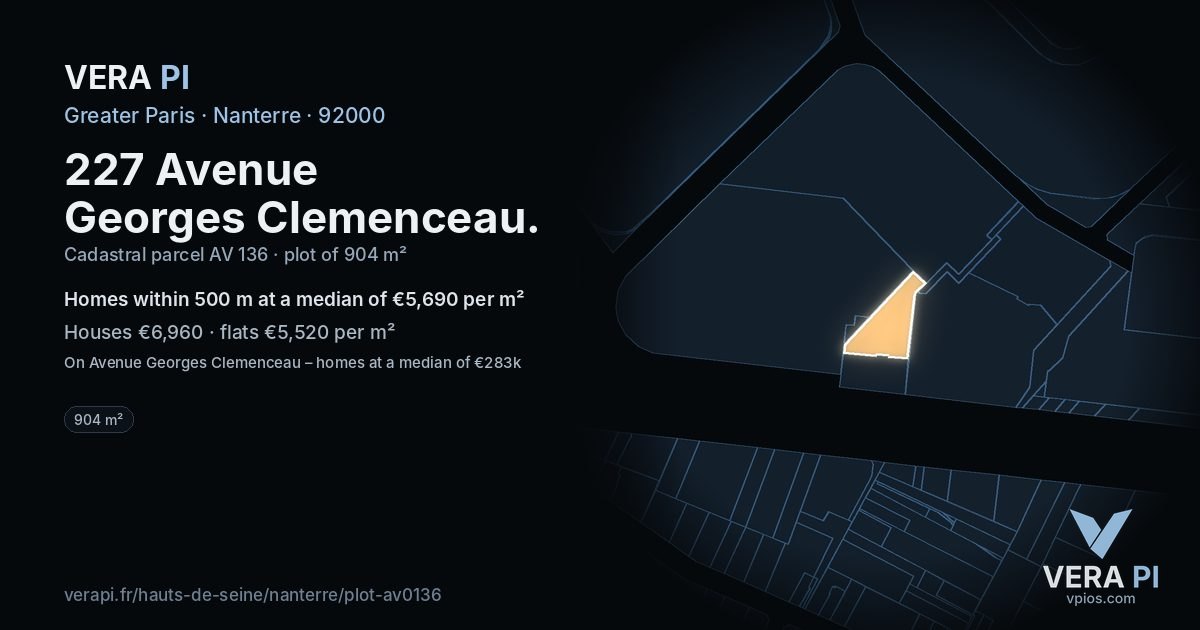 227 Avenue Georges Clemenceau, Nanterre at night – the plot lit, the parcels around coloured by the prices near them