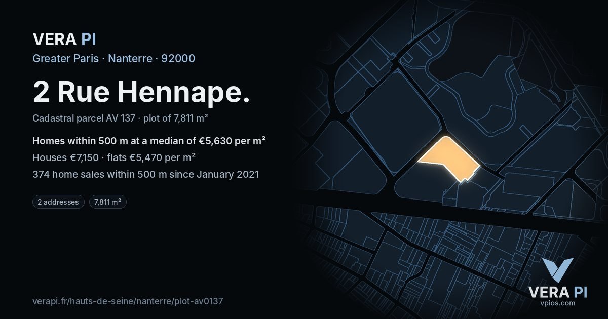 2 Rue Hennape, Nanterre at night – the plot lit, the parcels around coloured by the prices near them