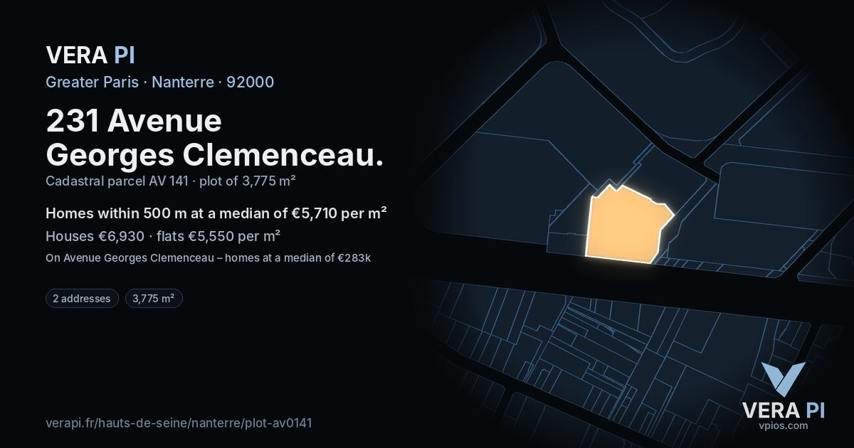 231 Avenue Georges Clemenceau, Nanterre at night – the plot lit, the parcels around coloured by the prices near them