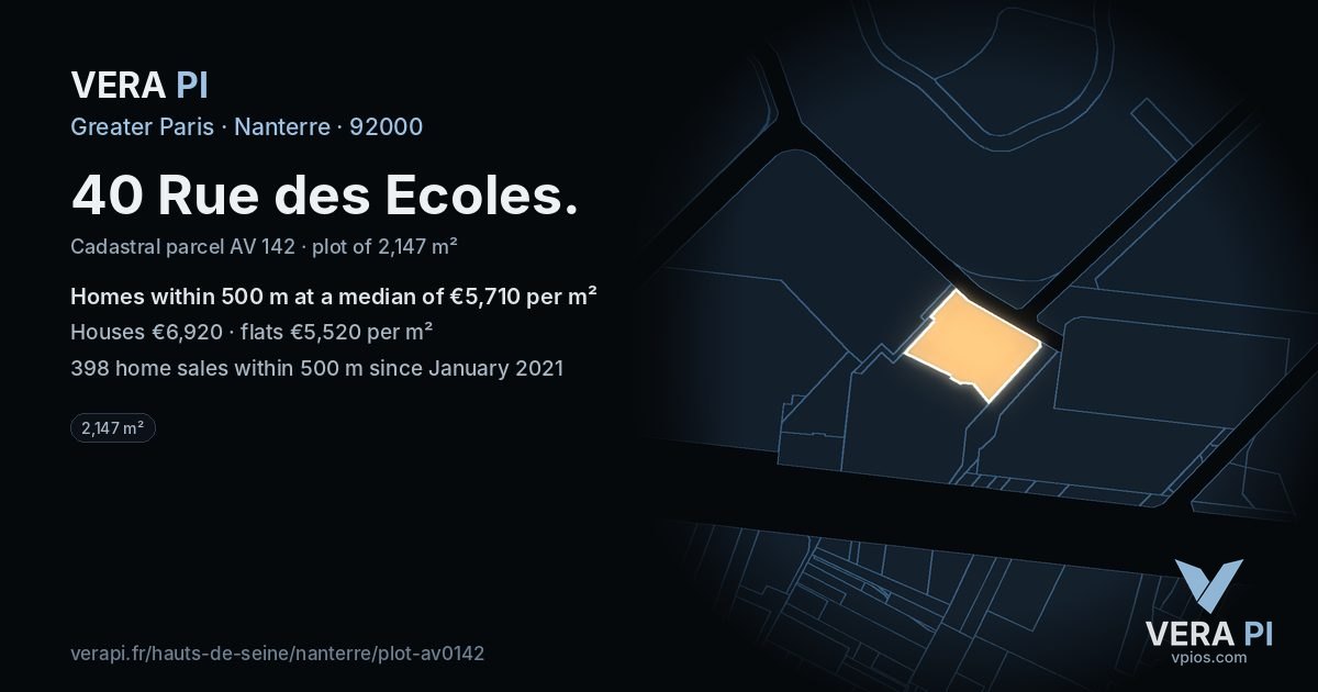 40 Rue des Ecoles, Nanterre at night – the plot lit, the parcels around coloured by the prices near them