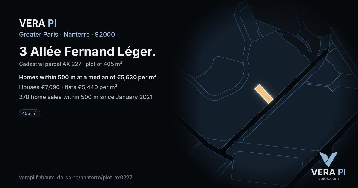 3 Allée Fernand Léger, Nanterre at night – the plot lit, the parcels around coloured by the prices near them