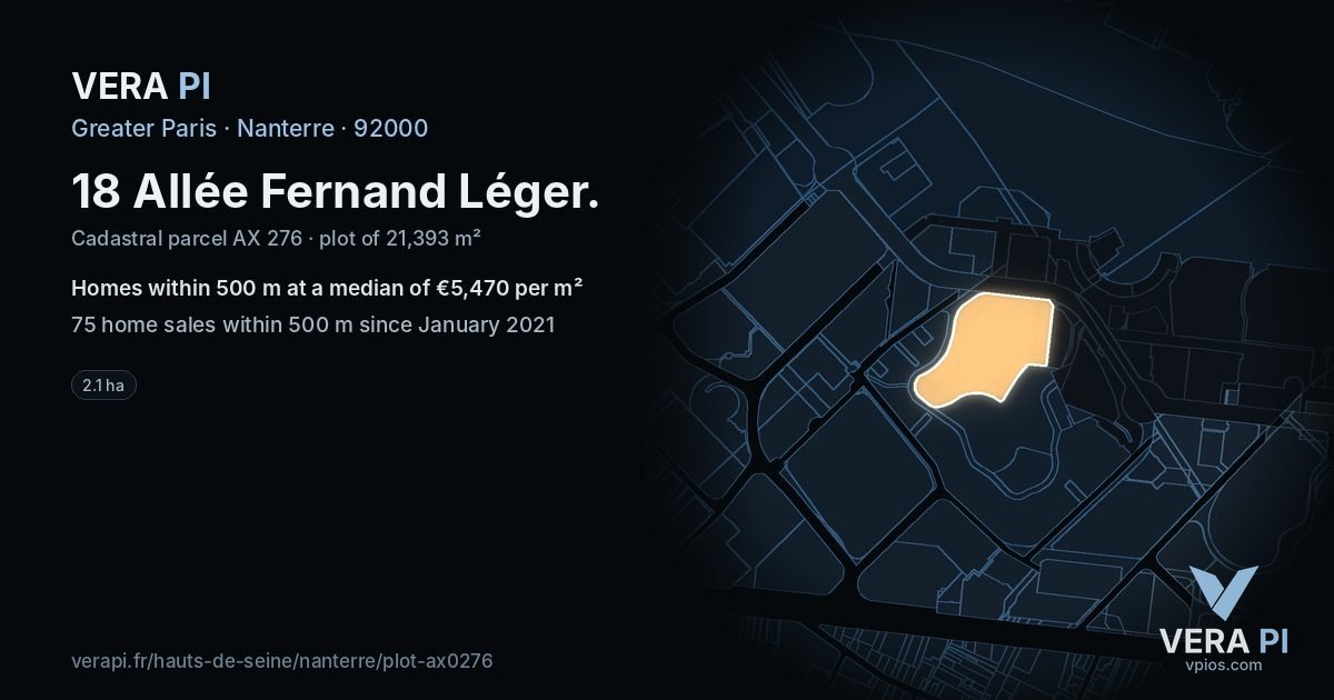18 Allée Fernand Léger, Nanterre at night – the plot lit, the parcels around coloured by the prices near them