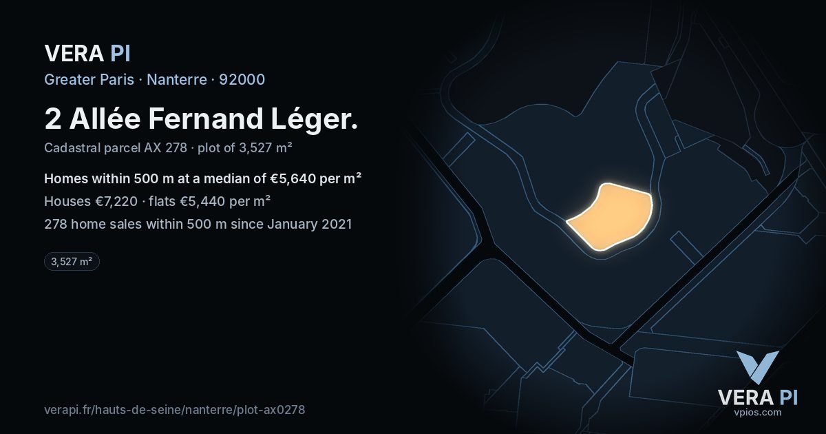 2 Allée Fernand Léger, Nanterre at night – the plot lit, the parcels around coloured by the prices near them