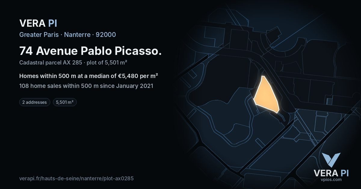 74 Avenue Pablo Picasso, Nanterre at night – the plot lit, the parcels around coloured by the prices near them