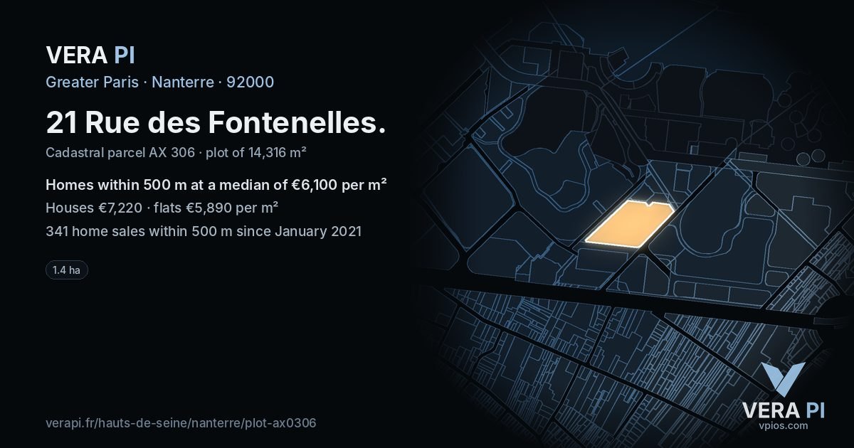 21 Rue des Fontenelles, Nanterre at night – the plot lit, the parcels around coloured by the prices near them