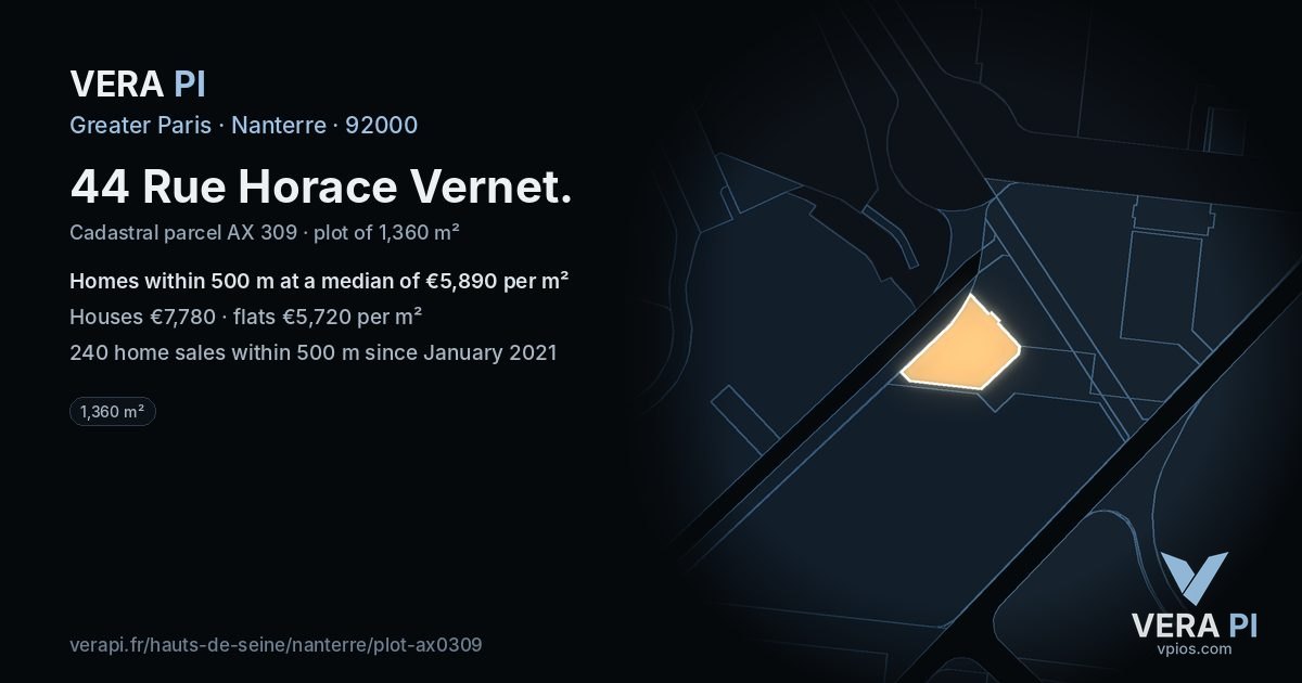 44 Rue Horace Vernet, Nanterre at night – the plot lit, the parcels around coloured by the prices near them