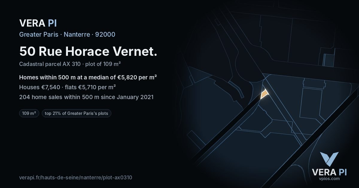 50 Rue Horace Vernet, Nanterre at night – the plot lit, the parcels around coloured by the prices near them