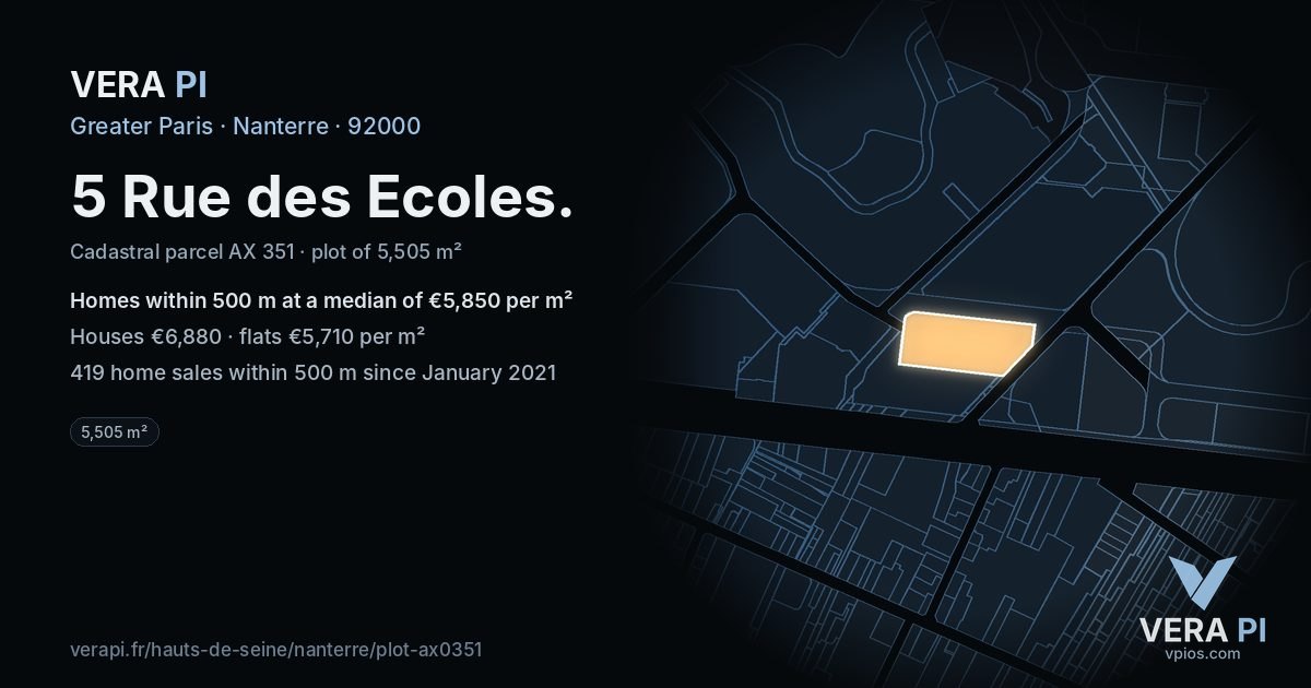 5 Rue des Ecoles, Nanterre at night – the plot lit, the parcels around coloured by the prices near them