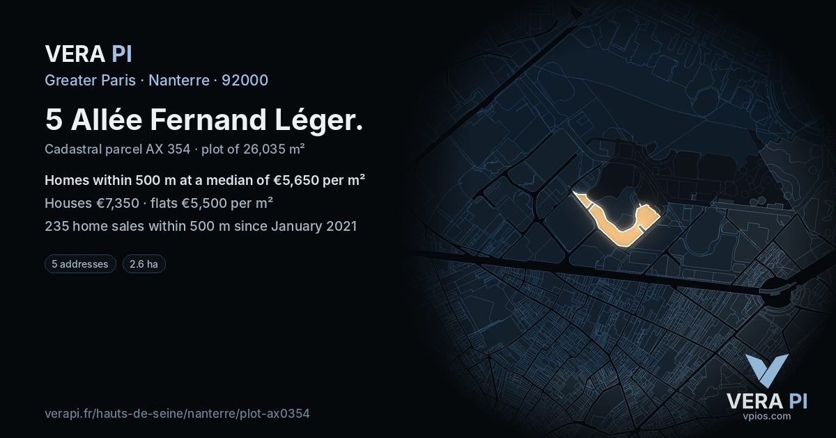 5 Allée Fernand Léger, Nanterre at night – the plot lit, the parcels around coloured by the prices near them